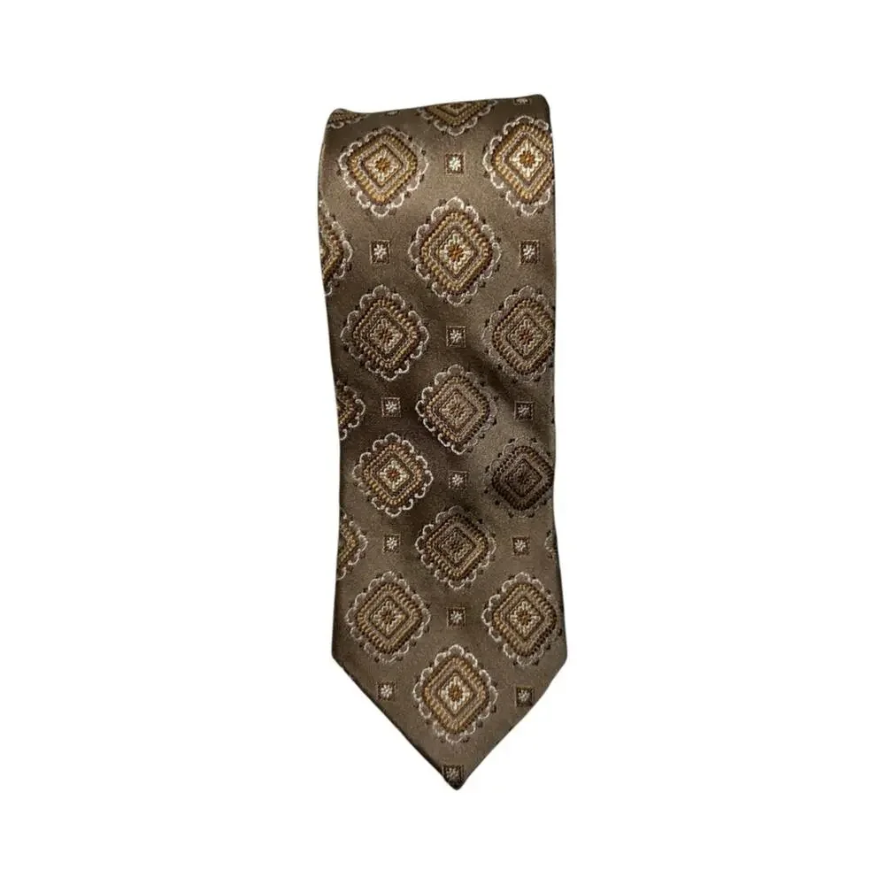 Bruno Piattelli Roma Vintage Tan Brown Textured Geo Print Silk Necktie Tie